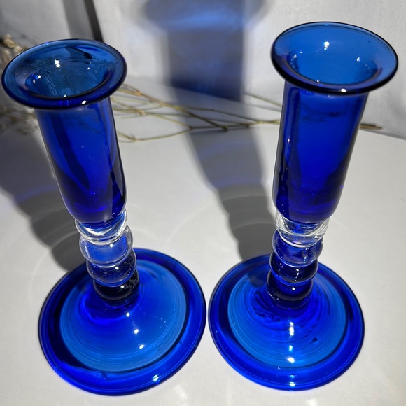 Vintage Hand Blown Colbalt Blue Bubble Glass Candle Holders Set of 2 - Picture 8 of 9